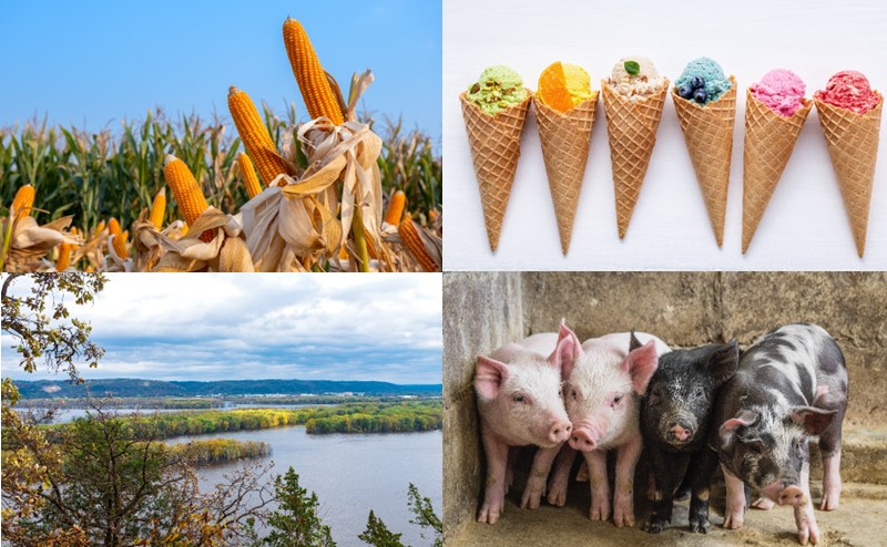 アイオワ州の紹介画像（トウモロコシ、アイスクリーム、ミシシッピ川、豚）